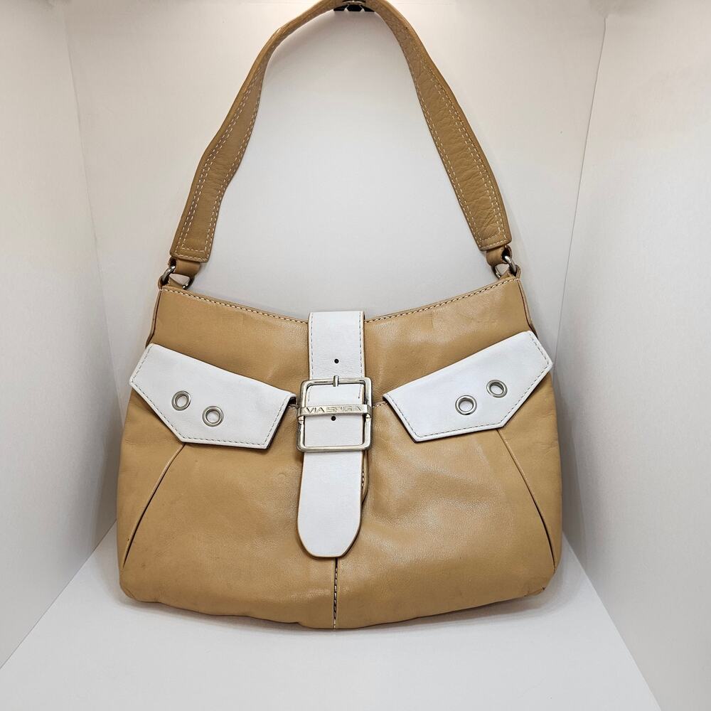 Via Spiga Leather Tan & White Baguette Purse